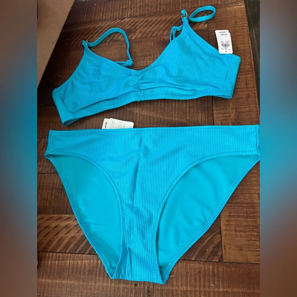 NWT Aerie FULL SET Beach Babe Shine Rib Voop Top + Full Coverage Bottom Blue